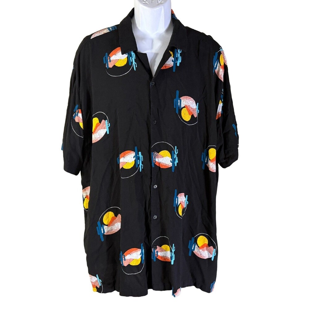 NO BOUNDARIES Men's Short Sleeve Button Down Sun Cactus‎ Desert Shirt Black 2XL